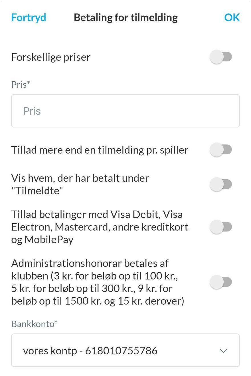 Betaling for tilmelding i Holdsport-appen med pris, betalingsmetoder og bankkonto
