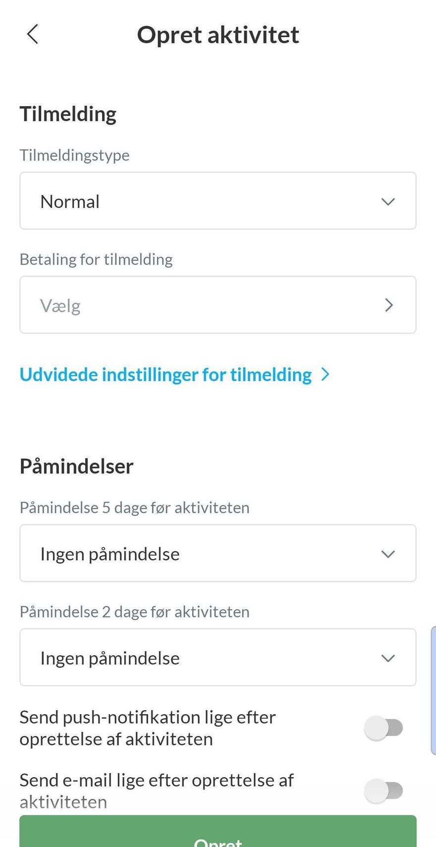 Opret aktivitet i Holdsport-appen med Betaling for tilmelding